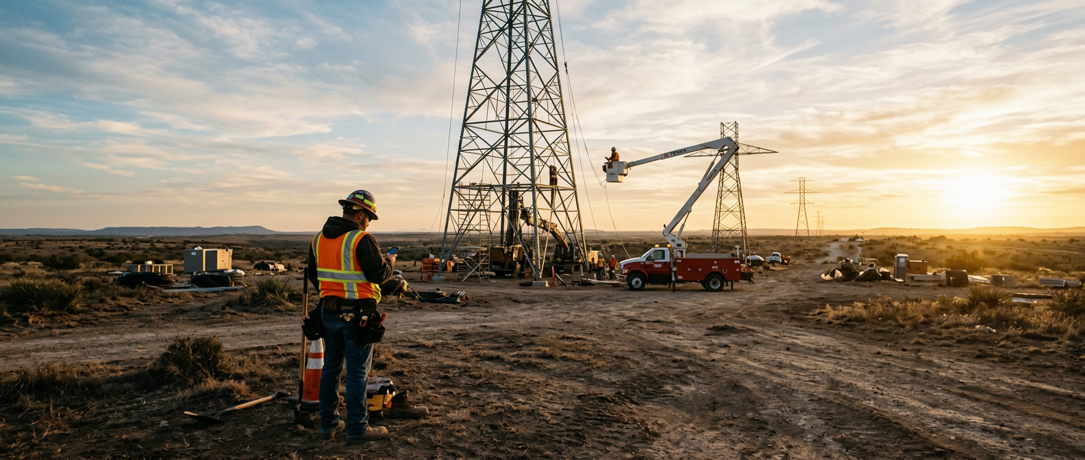 Transmission line construction site at golden hour, a worker on his phone at left
