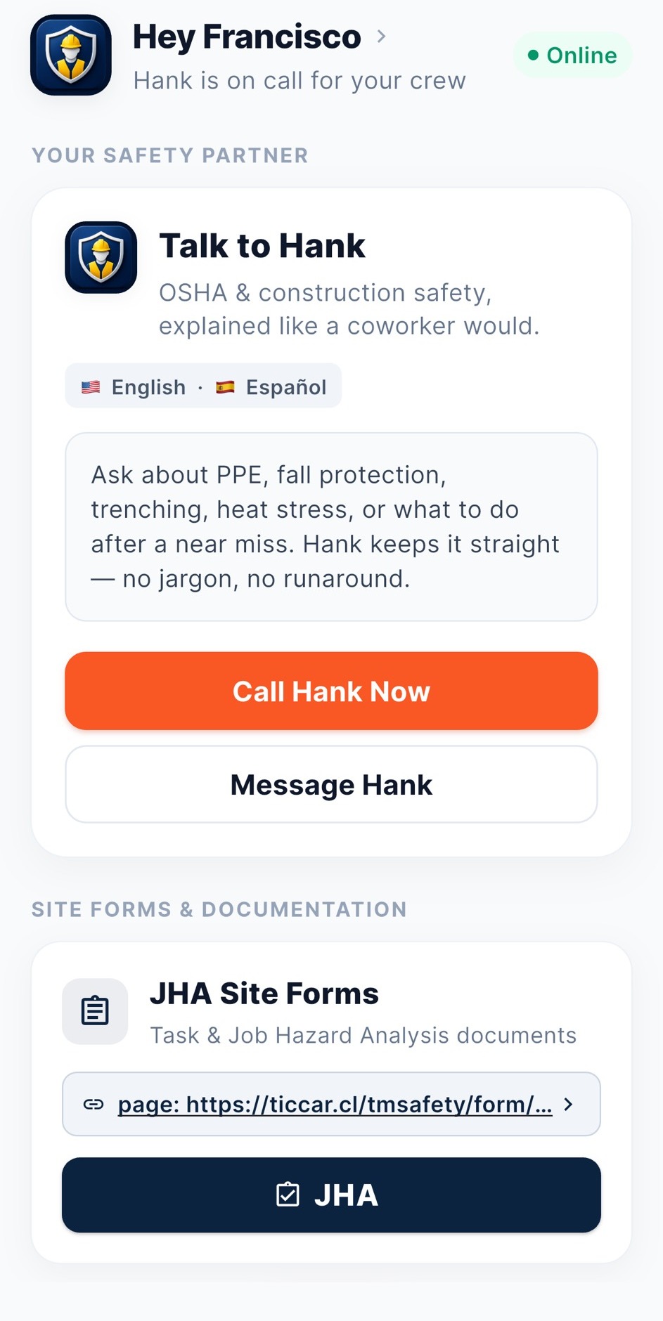 TMSafety home screen with Talk to Hank, Call or Message Hank, and JHA Site Forms